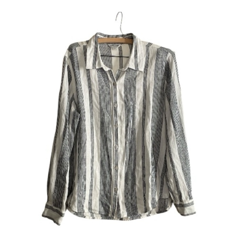 Orvis Black & White Striped Linen Blend Roll-Tab Sleeve Button Down Shirt Size L